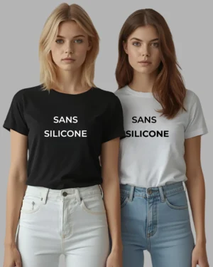 Deux femmes portant le t-shirt noir et blanc Sans Silicone Floc and Press