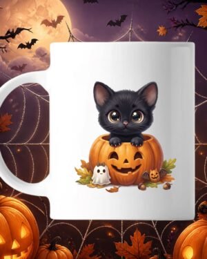 Mug blanc en céramique avec un petit chaton noir mignon aux grands yeux assis dans une citrouille d'Halloween sculptée