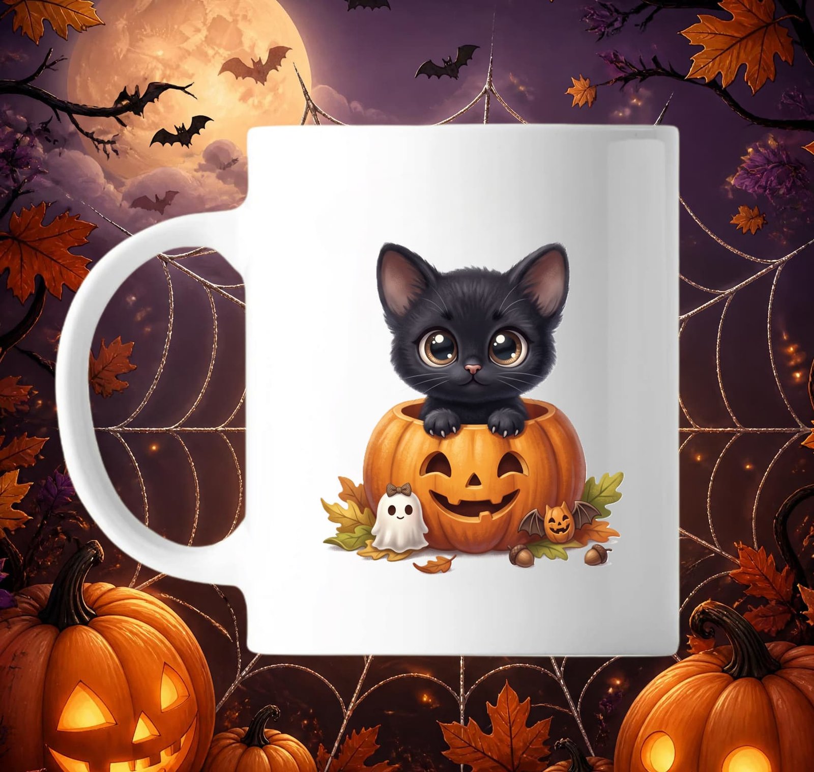 Mug blanc en céramique avec un petit chaton noir mignon aux grands yeux assis dans une citrouille d'Halloween sculptée
