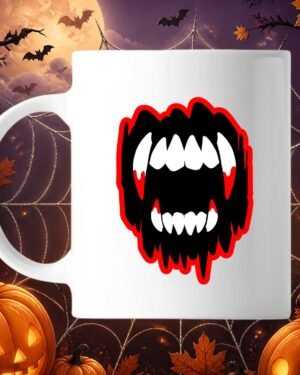 Mug blanc en céramique avec illustration graphique de dents et crocs pointus de vampire ensanglantés avec contour rouge