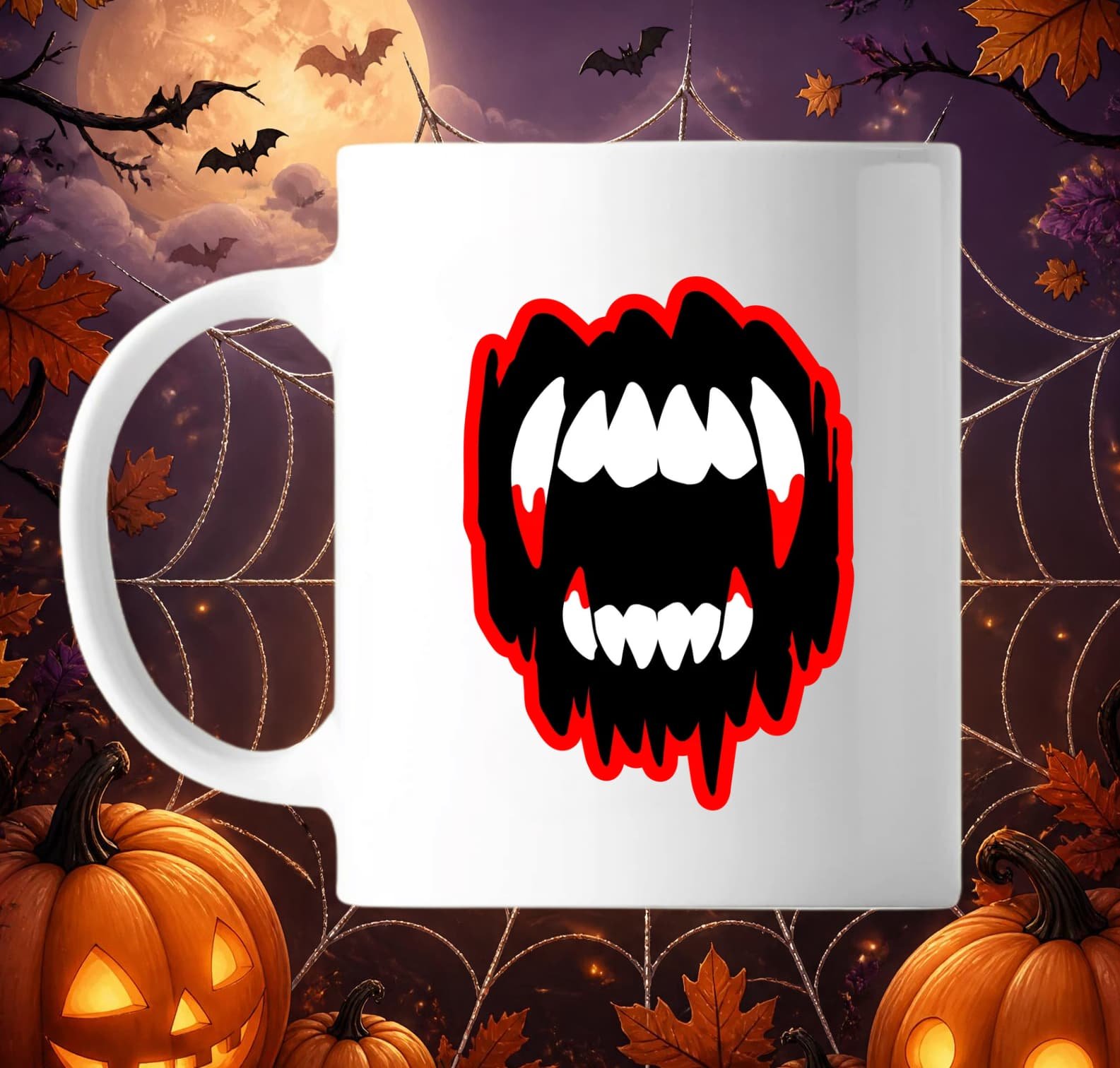 Mug blanc en céramique avec illustration graphique de dents et crocs pointus de vampire ensanglantés avec contour rouge