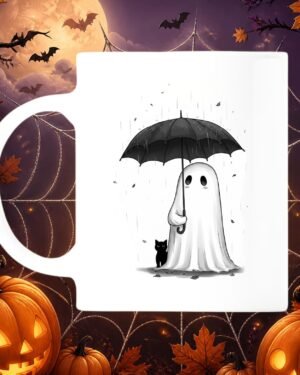 Mug en céramique blanche avec dessin d'un fantôme tenant un parapluie noir abritant un petit chat noir sous la pluie