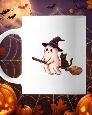 Mug blanc en céramique illustré d'un fantôme portant un chapeau de sorcière volant sur un balai avec un petit chat noir