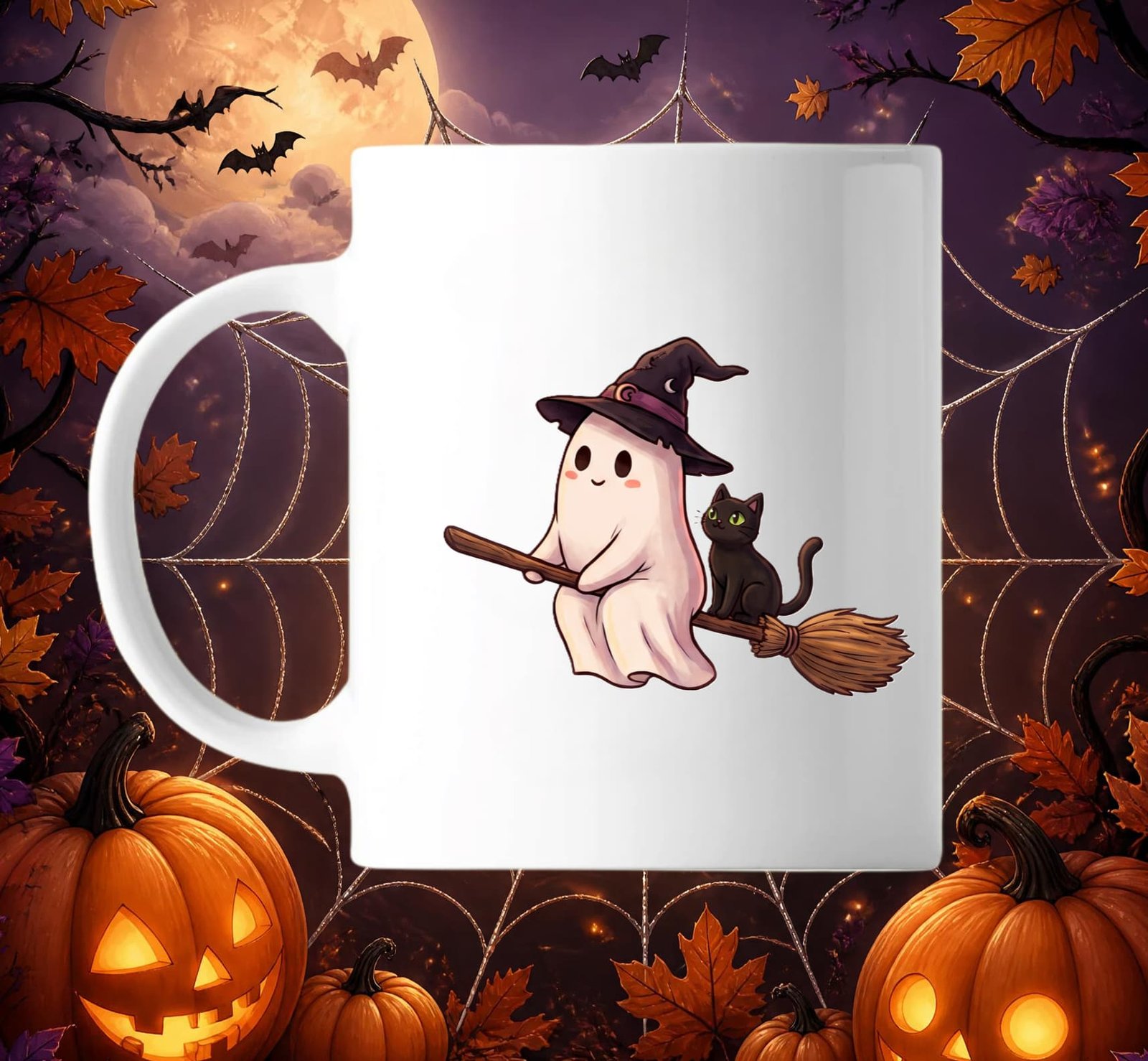 Mug blanc en céramique illustré d'un fantôme portant un chapeau de sorcière volant sur un balai avec un petit chat noir