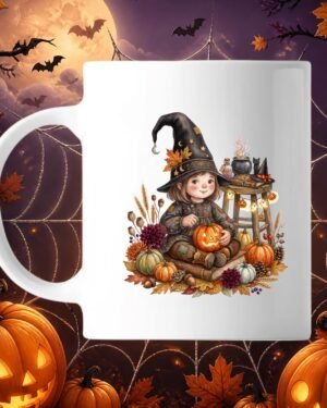 Mug blanc en céramique illustré d'une petite fille sorcière avec chapeau pointu entourée de citrouilles, chaudron et fleurs d'automne
