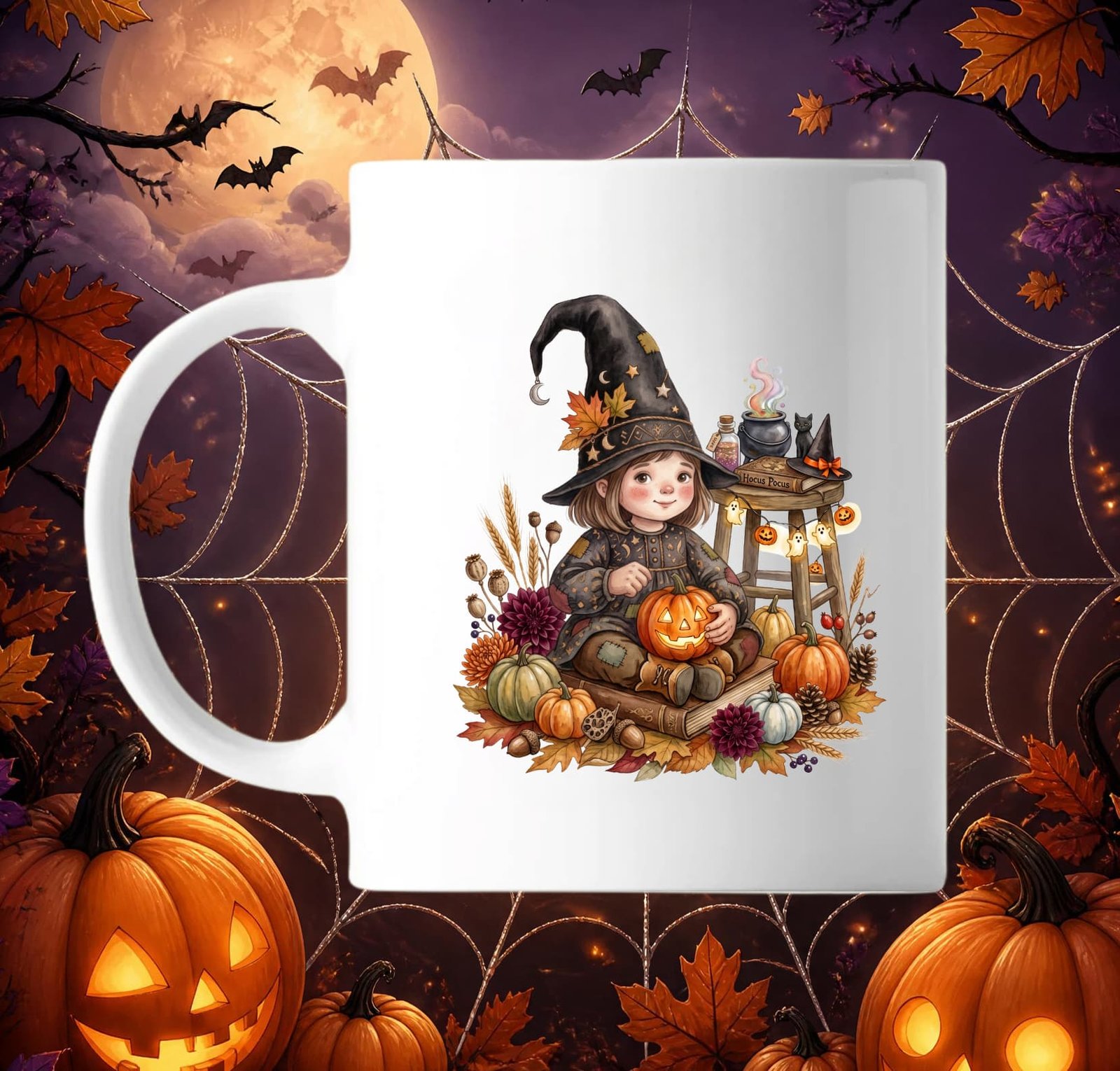 Mug blanc en céramique illustré d'une petite fille sorcière avec chapeau pointu entourée de citrouilles, chaudron et fleurs d'automne