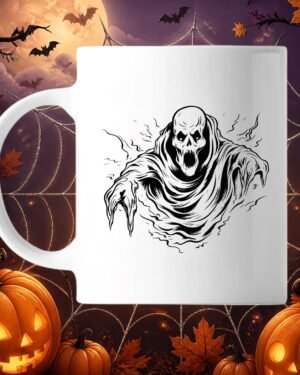 Mug blanc en céramique avec illustration graphique en noir et blanc d'un spectre squelette encapuchonné tendant les mains