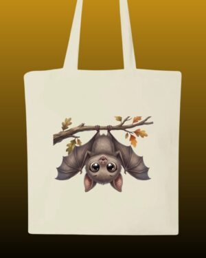Tote bag en tissu recyclé blanc cassé avec illustration d'un bébé chauve-souris mignon suspendu à une branche de chêne d'automne