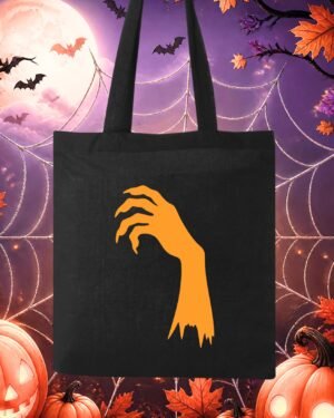 Tote bag en coton noir avec flocage d'une silhouette de main de zombie griffue orange vif pour Halloween