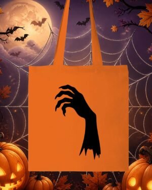 Tote bag en coton orange avec flocage noir d'une silhouette de main de zombie griffue pour Halloween