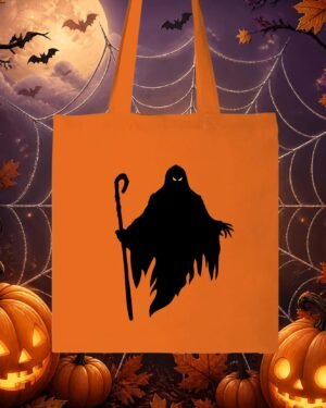 Tote bag en coton orange avec flocage noir d'une silhouette de spectre en haillons tenant un bâton pour Halloween