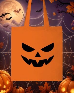 Tote bag en coton orange vif avec flocage noir du visage sculpté d'une citrouille d'Halloween Jack-o'-lantern