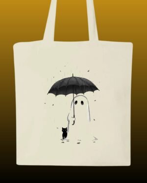 Tote bag écru en polyester recyclé illustré d'un fantôme tenant un parapluie noir abritant un chat noir sous la pluie