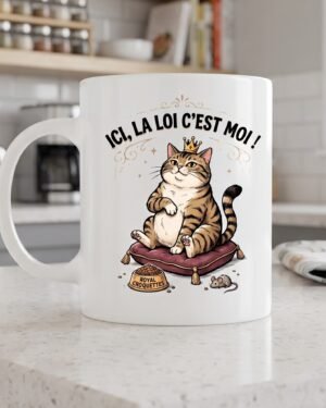 Mug en céramique blanc avec illustration d'un chat royal sur un coussin et le texte humoristique Ici, la loi c'est moi, posé sur un plan de travail dans une cuisine.